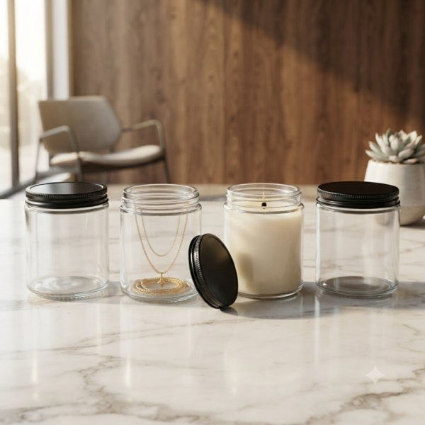Clear Glass Storage Jars with Black Lids, 200g Heat Resistant Candle Making Containers, Decorative Spice Herb Wax Holders, 7×9 cm. - Image 2