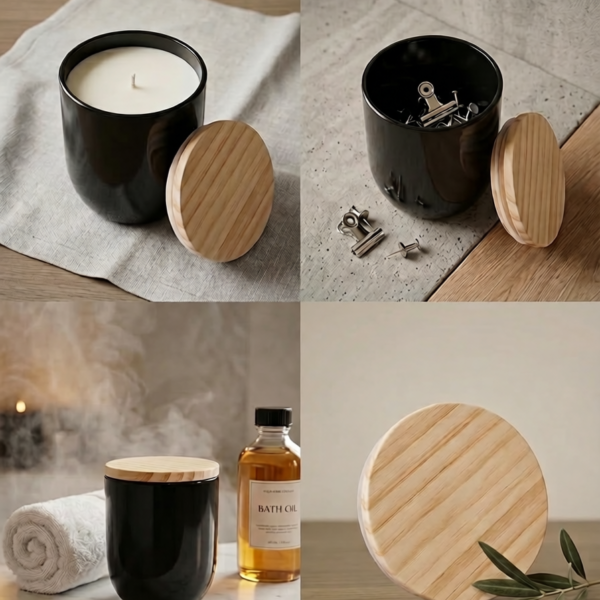⁦Jar Black with wood Lid. Heat Resistant Glass Storage Jar, and Decorative for Candle Making, Herbs, Spices, Tea, Sugar, Coffee. Gift Ready. 7×8 cm⁩ - الصورة ⁦2⁩